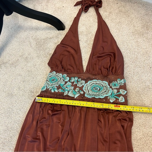 BCBGMAXAZRIA bronze brown teal embroidered beaded flower halter dress - Picture 15 of 16